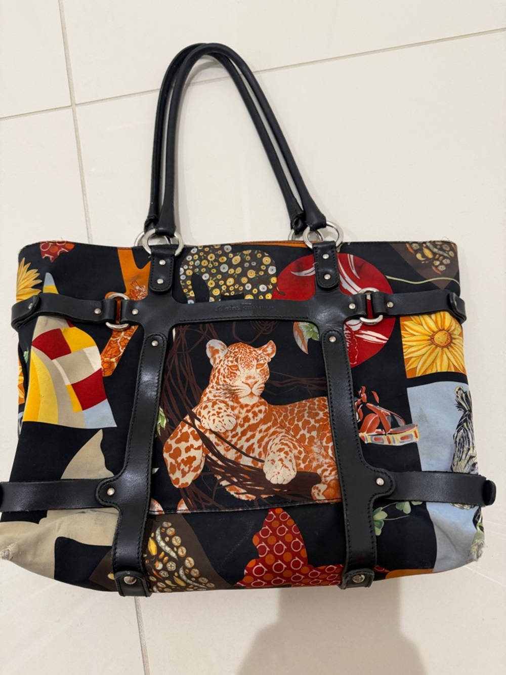 Salvatore Ferragamo Multicolor Leopard Patchwork Tote with Black Leather Straps - Picture 2 of 13